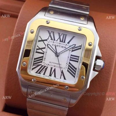 sWISS Replica Cartier Santos 100th Anniversary SS Watch White Dial Yellow Gold Bezel